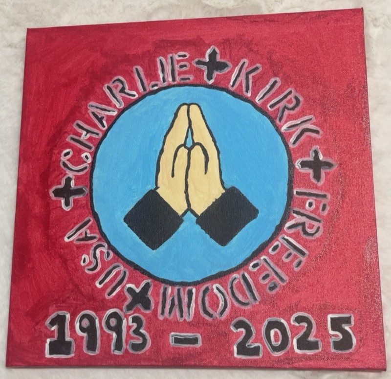 PAINTING ACRYLIC CHARLIE KIRK FREEDOM USA RED HAND PAINTED CANVAS 12x12x0.5