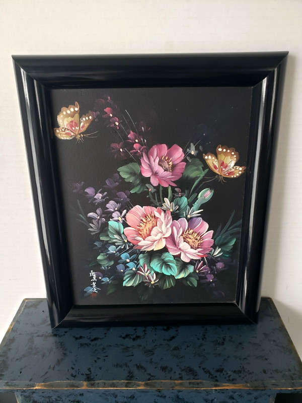Vintage Oil on Canvas Framed Dark Floral & Butterflies Signed Picture 12″ x 10″