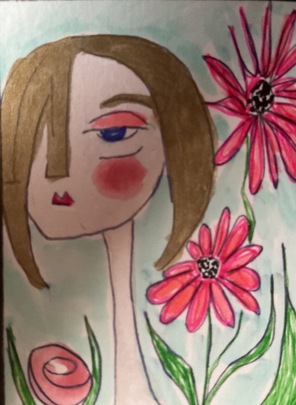 ACEO watercolor art by PJ, art card 2.5 x 3.5: lady and flowers.