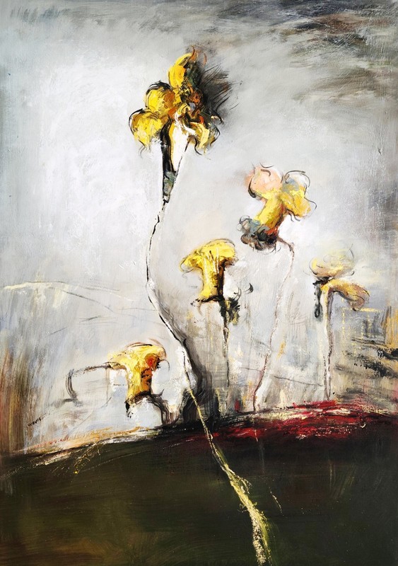 Yellow Flower Abstract – #5G02, 36×24 -100% Hand painted Oil Painting on Canvas