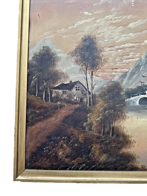 Vintage Signed Oil on Board Landscape 21x17 Framed Mountain Lake Cottage Art gallery