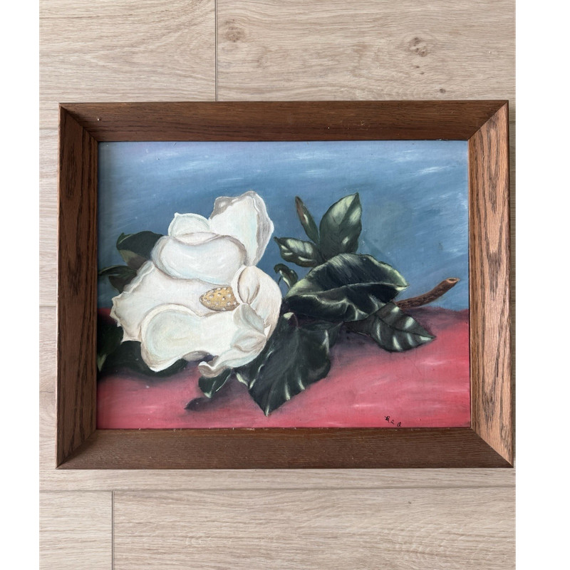 Original Magnolia Painting in Wood Frame 20 3/4 x 16 3/4