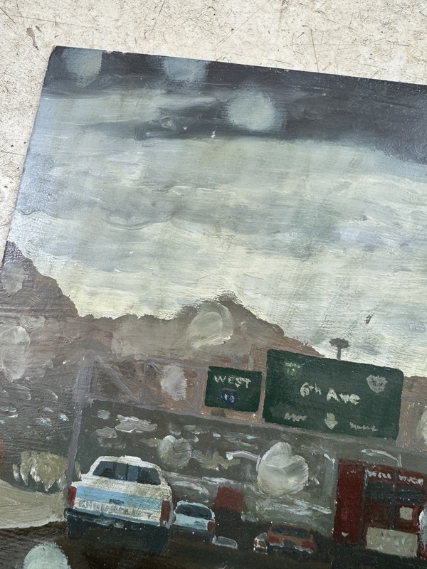 Rain Windshield Highway Signs Oil Painting Board Unsigned Unknown Artist Tucson gallery