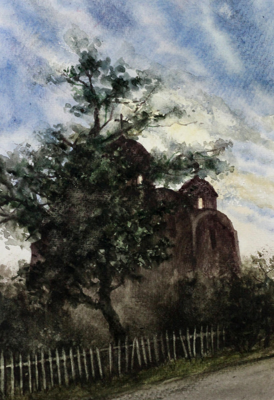 Summer Art Ukrainian Church Sky Tree Landscape Original Watercolor Painting
