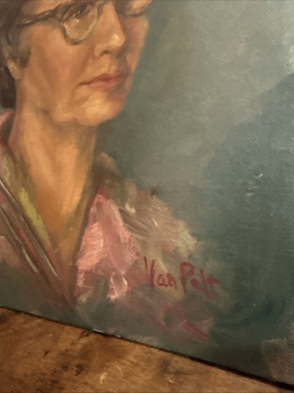 Vintage Mid Century Original Oil Portrait Painting Artist Woman Pink Hat Signed gallery