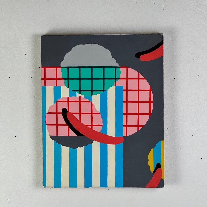 Vintage Modern Acrylic on Linen Abstract Painting With Bright Blues & Pinks