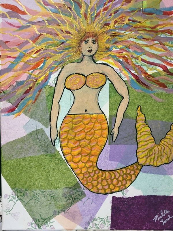 Original Mermaid Painting Mixed Media Gold Hair Tissue Paper Collage Signed12x16