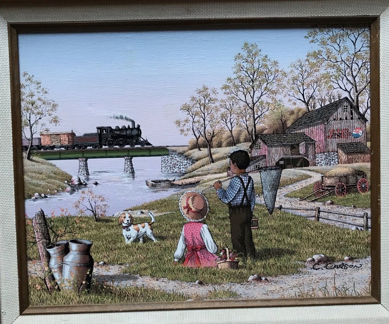 Vintage C. Carson Watching the Train Painting SERIGRAPH Pepsi Cola Art, 12x14 gallery