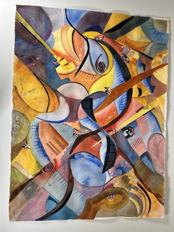 Large Abstract Watercolor Collage Painting 40x32 Modern Mid Century Art gallery