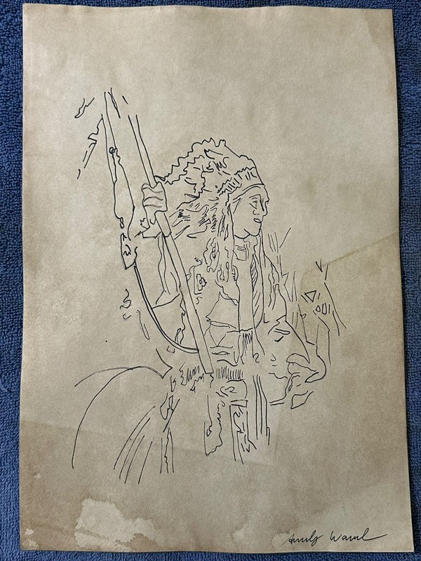 andy warhol drawing and painting on old paper signed stamped vintage