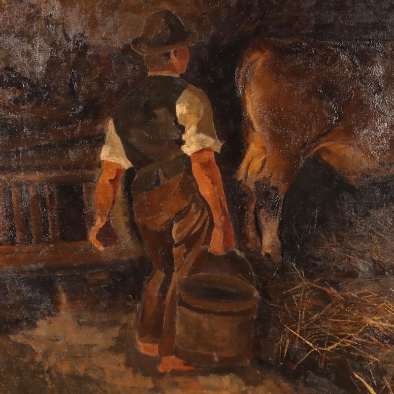 Ancient Painting G. Sottocornola ‘800 Interior of a Stable Oil on Canvas
