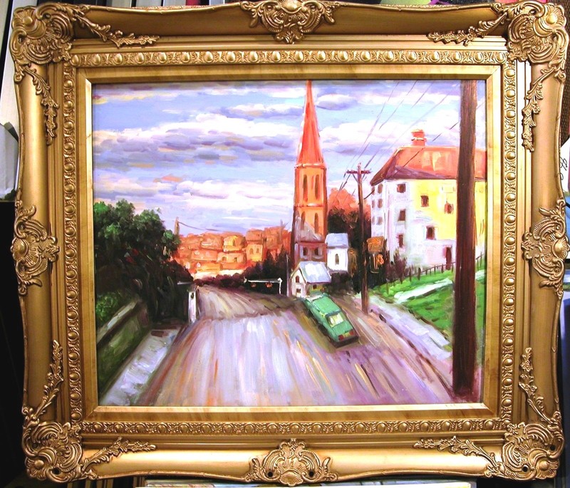 TOWER CAR APARTMENT TOWN CITYSCAPE 24″ STRETCHED OIL PAINTING ART S102