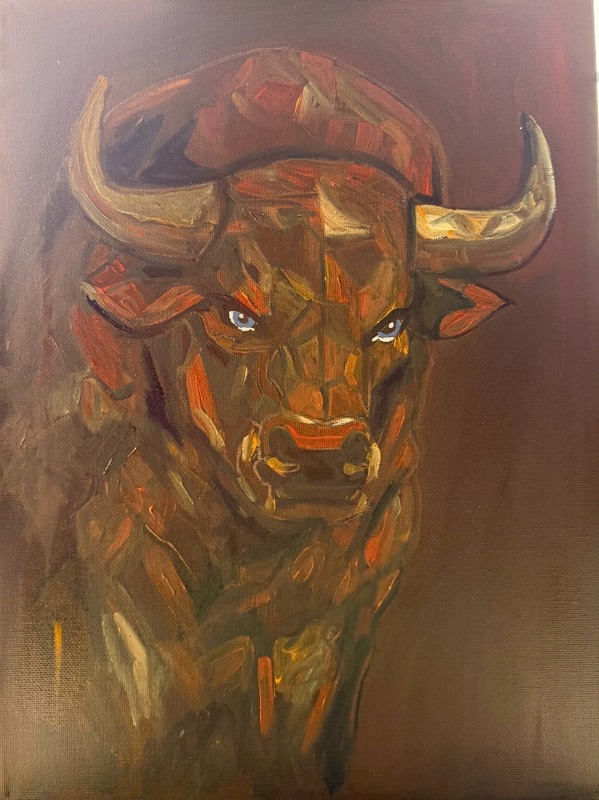 Original Oil Painting by MATAS – Bull in Divided Light I – 12×16 Fine Art
