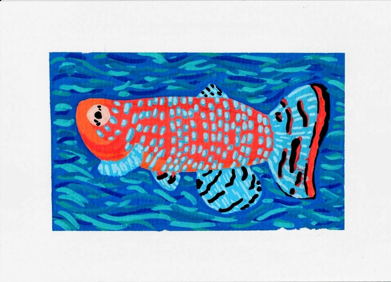 ACEO Original Art Acrylic Painting Colorful Fish *2.5×3.5