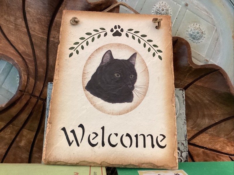 Vtg Cat Welcome Black Cat Paw Print Slate Hanging Sign Kitty Approximately 6×8