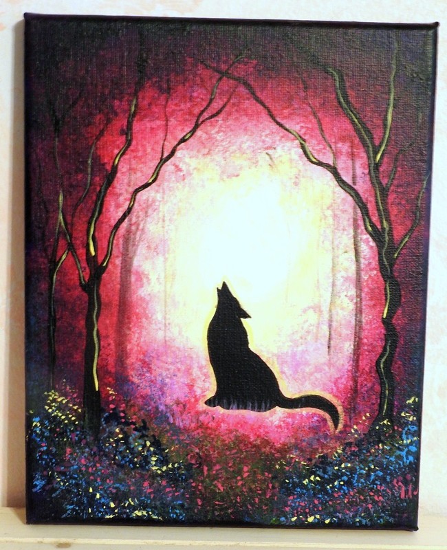 8 x 10″ Landscape Acrylic Painting Fantasy Wolf Howling in Mysterious Woodlands