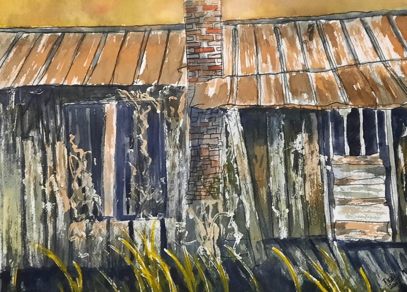 Old barn rustic house rusted original signed watercolor painting 12 x 16 inches