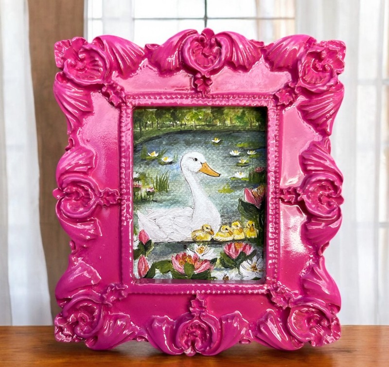 Mama Duck with Ducklings miniature art print in pink vintage style ornate frame