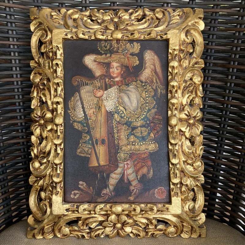 Vintage Antique Cusco School of Art Archangel on Canvas Original Gold Gilt Frame