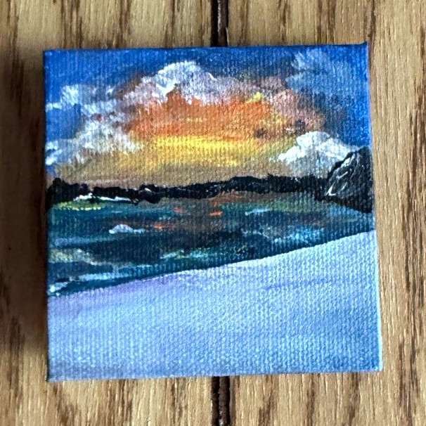 Mini Original Seascape Ocean Sunset Painting on Canvas, Contemporary, Unframed