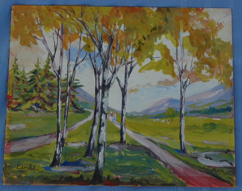 Beautiful Gouache Summer Landscape with Figures Walking On A Path & Sheep gallery