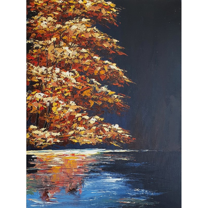 Autumn Lake Reflection Painting Fall Forest Landscape Original Oil Wall Art gallery