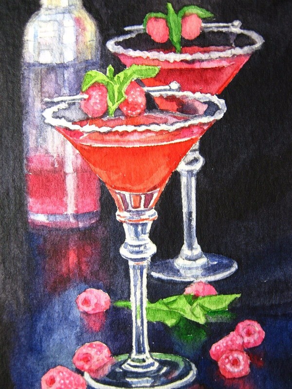 Watercolor Painting Red martini cocktail drink Glass of martini ACEO art