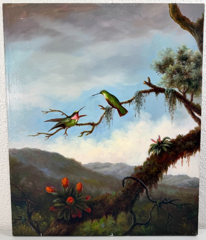 Oil Painting Hummingbirds Flowers South American Rainforest Martin Johnson Heade