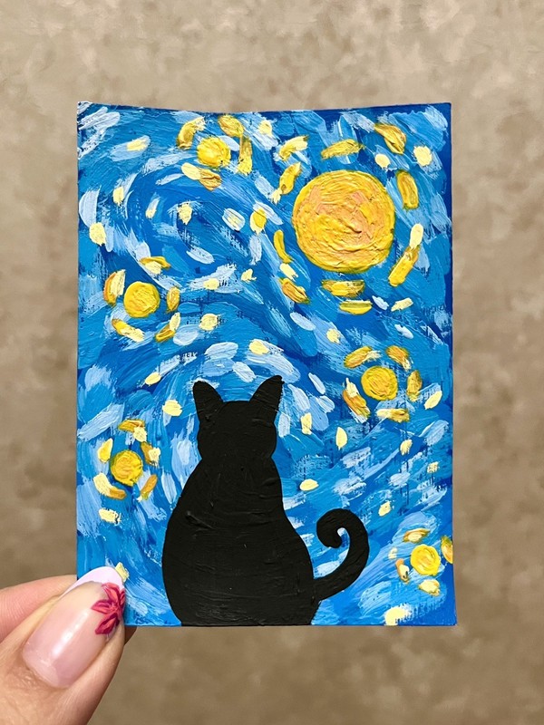 ACEO Original Van Gogh Inspired Cat Starry Night Landscape Acrylic Full Art Card