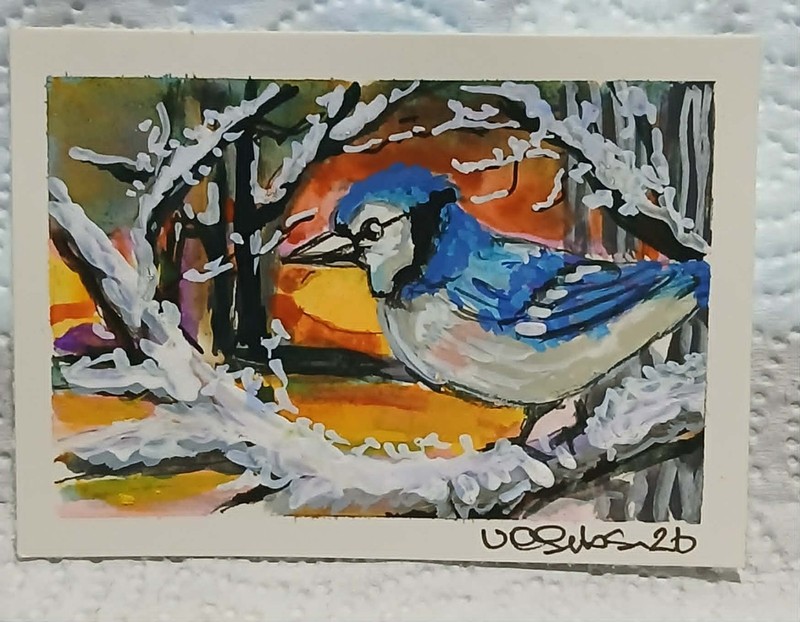 ACEO OOAK Impressionist Watercolor Scribble – Blue Jay at Sunset in Snowy Tree –