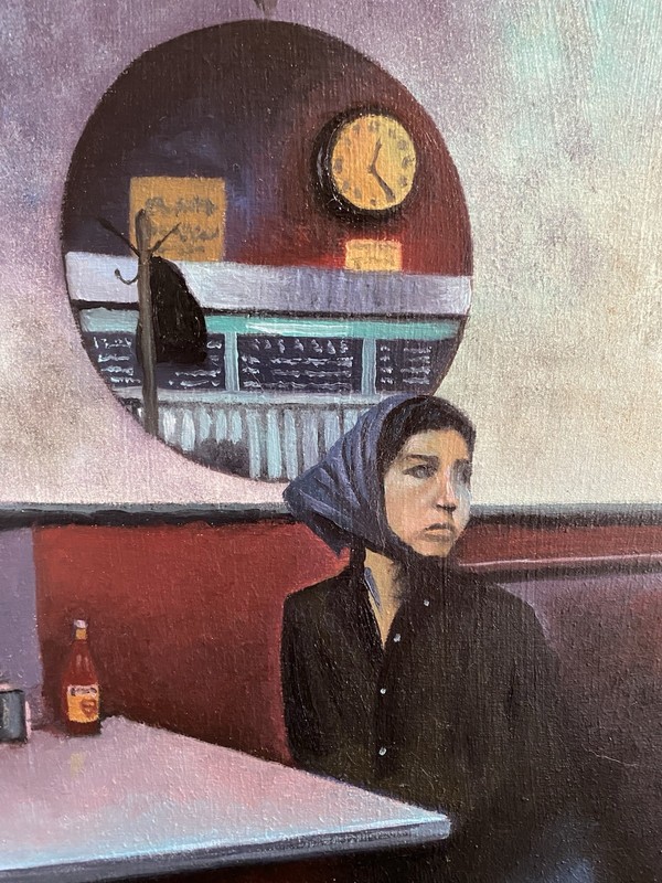 Woman Sitting In Diner Oil Painting 12x12 On Cradled Wood Panel Free Shipping gallery