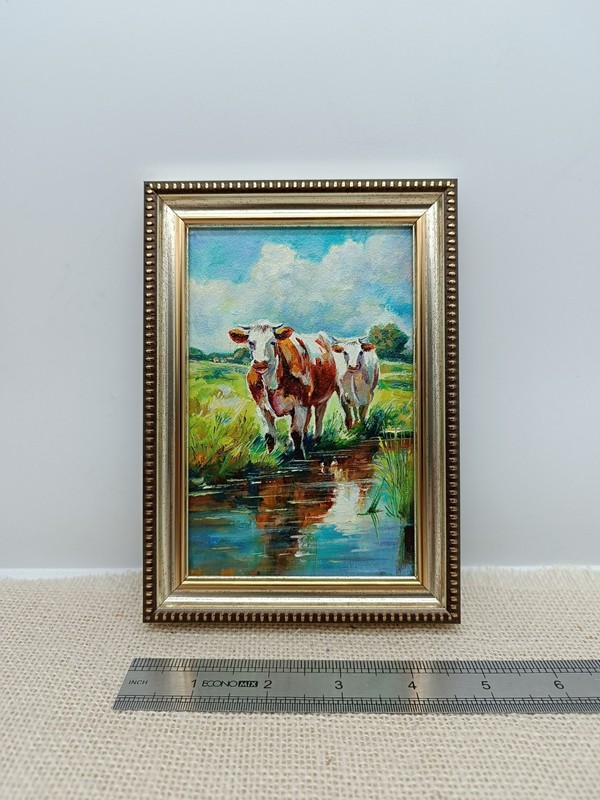 Original Cow Art Signed 4x6 Silver Inset Frame Farmhouse Pastoral Landscape gallery