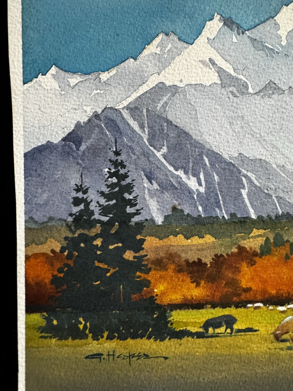 G Hooper Sawtooth Mountains & Basque Sheep Flock Idaho Watercolor Painting plus gallery