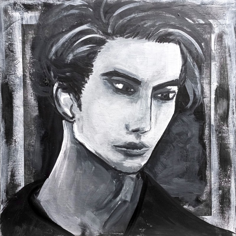 Monochromatic Man Portrait Original Art Minimalist Painting Black&White, 12×12