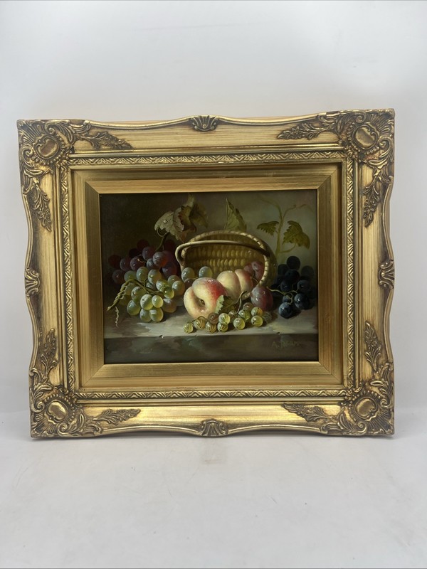 Vintage Framed Original Oil Painting Still Life Fruit Grapes,Peaches SIGNED gallery