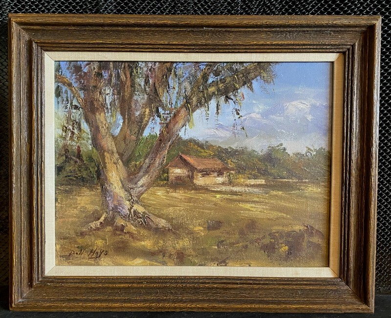 Oil Painting Cabin in Mountains - Framed Impressionist - Signed P. H. Hays (?) gallery