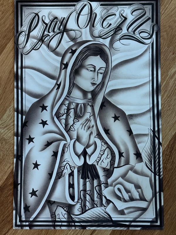 SANTA FE ARTIST «PRAY OVER US» HAND DRAWN INK PEN,PENCIL 70’S FRAME 15.25″ X 10″