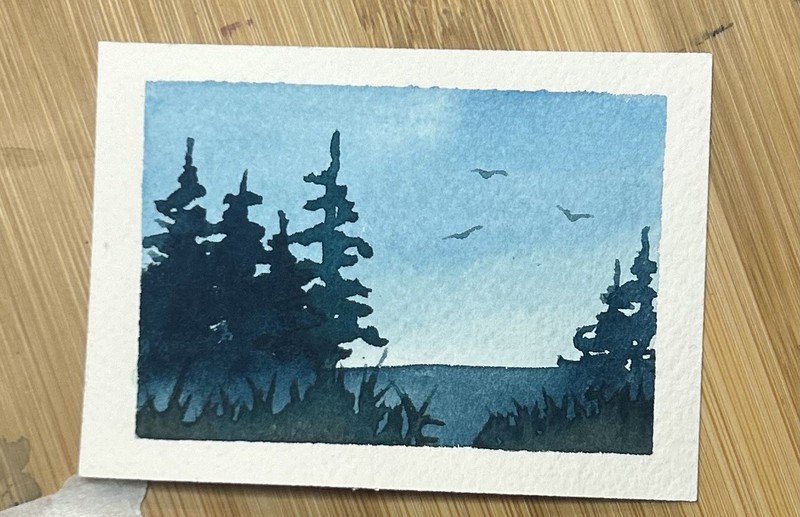 ACEO Blues Beachside #4 Original Watercolor Landscape Painting By Sasha Lehto