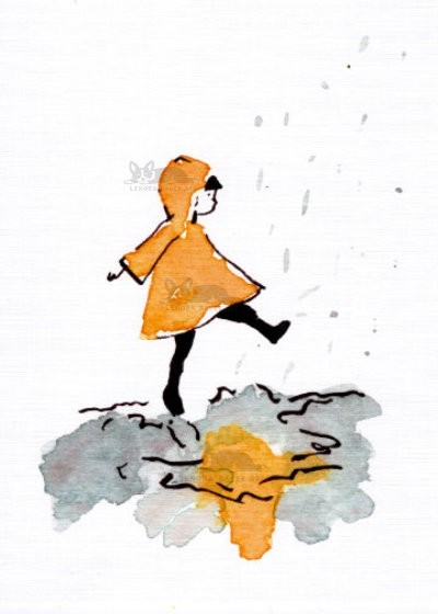 Original Art PRINT | Girl in Rain | Print of Ink and Watercolor Painting | 5×7