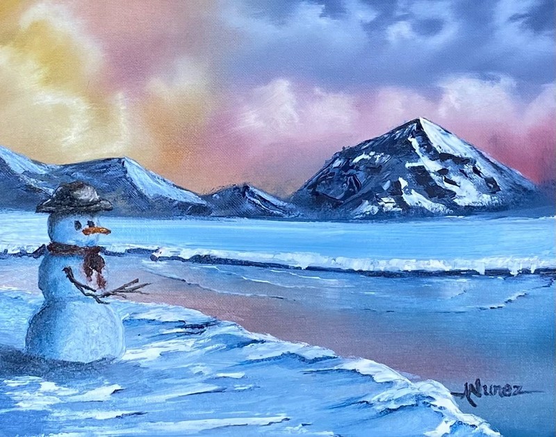 “Original Oil Painting Snowman Winter Landscape – Colorful Sunset Sky – A. Nunez