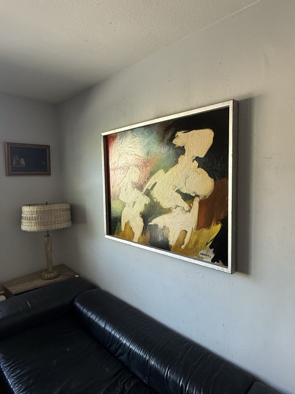 LEON SAULTER ANTIQUE MID CENTURY MODERN ABSTRACT OIL PAINTING OLD VINTAGE 1962 gallery