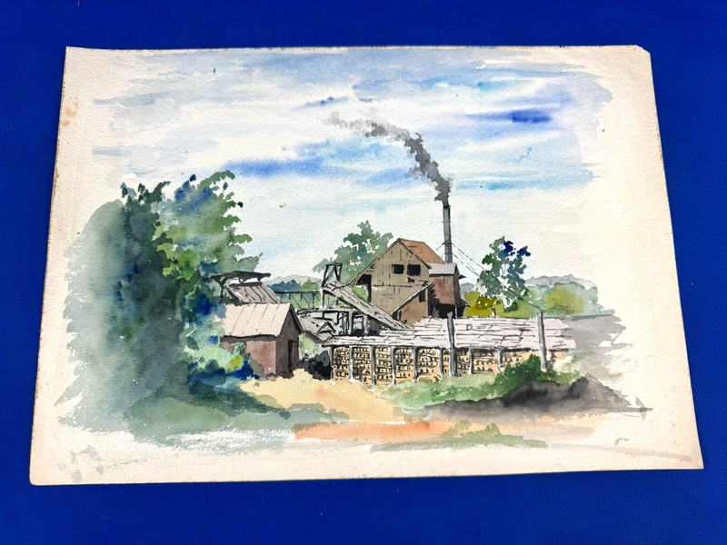 Vintage Watercolor Painting ~ Old Mill Yard, New England Landscape 14 1/8″ x 10″
