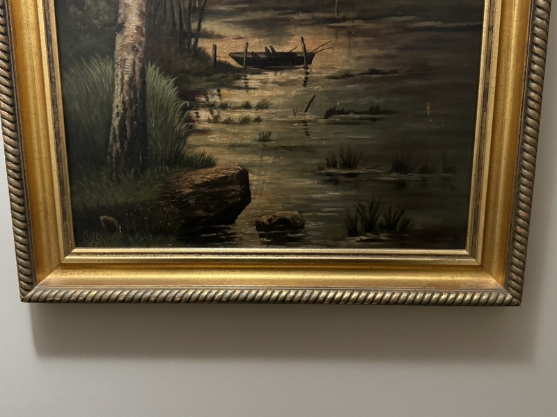 Antique 1899 Winter River Sunset Oil on Board Painting, Signed A. J. L. gallery