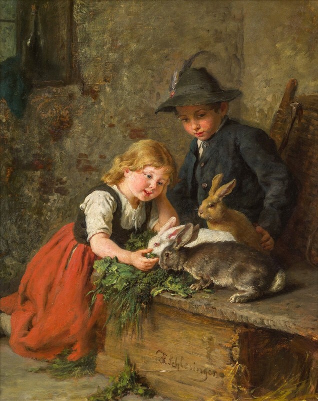 Nice Oil painting Felix Schlesinger portrait children boy girl feeding rabbits