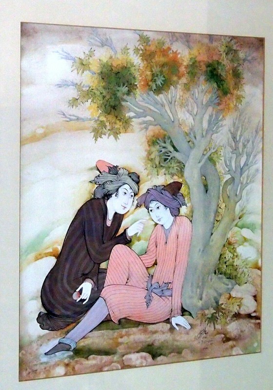 SOOSAN ABADI RARE LOVERS WATER COLOR MINIATURE PAINTING CIRCA 1984 SIGNED & DATE gallery