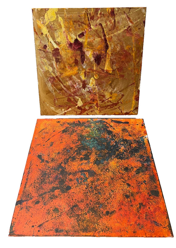 abstract green orange mixed media oil painting LW 40x40x6 cm color composition original gallery