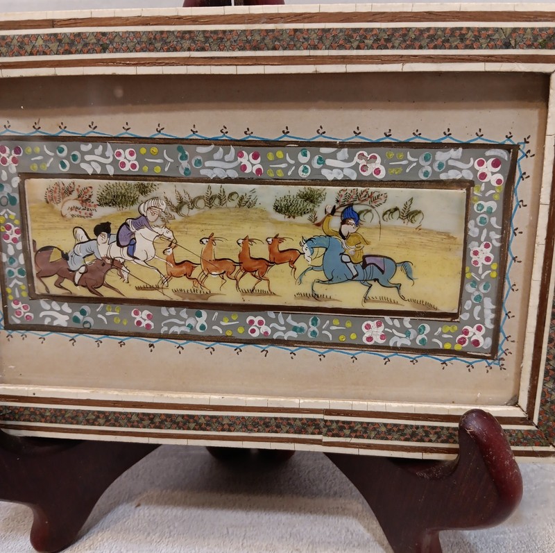 VTG Persian Miniature Painting in Khatam Marquetry Frame Hand-Painted gallery