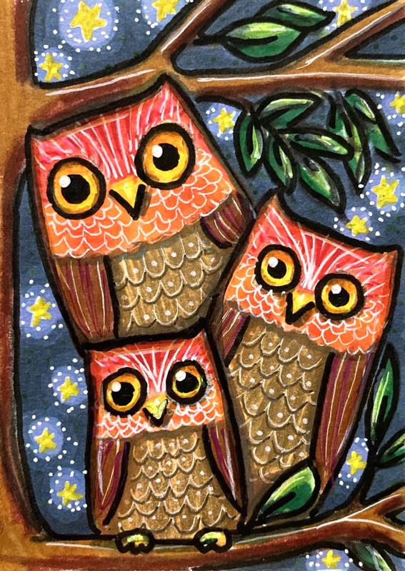 Owl Family Stars Original ACEO Mixed Media Painting Illustration amylenore
