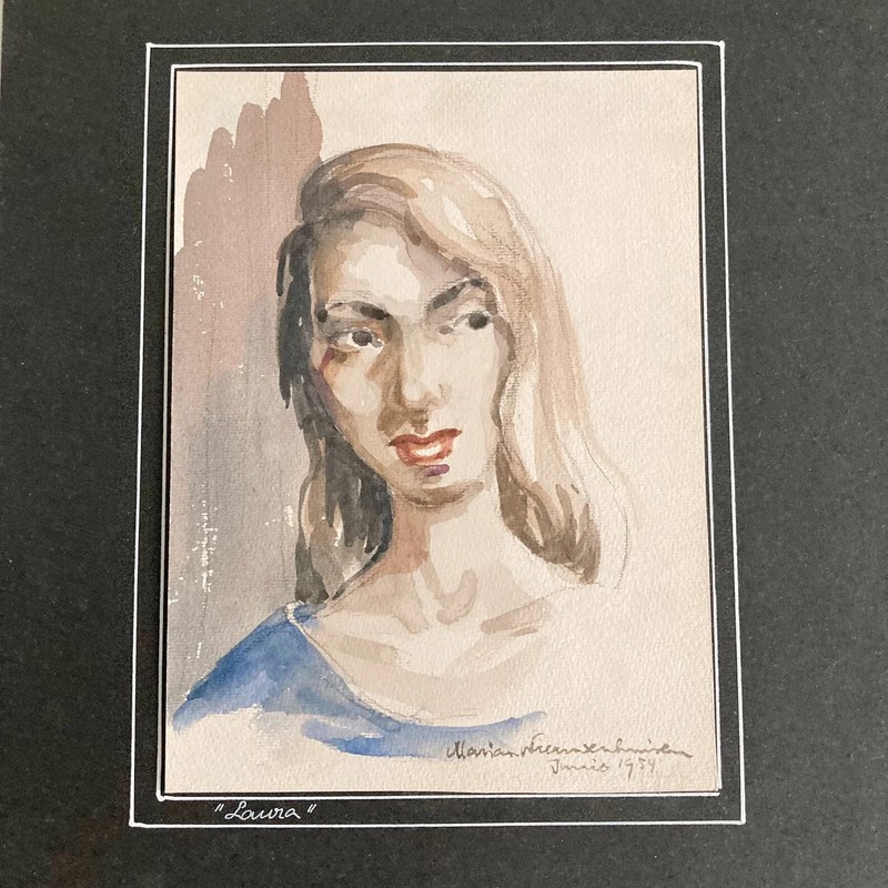 1954, Original Mid Century Watercolor Portrait of a Young Woman w/ Long Hair