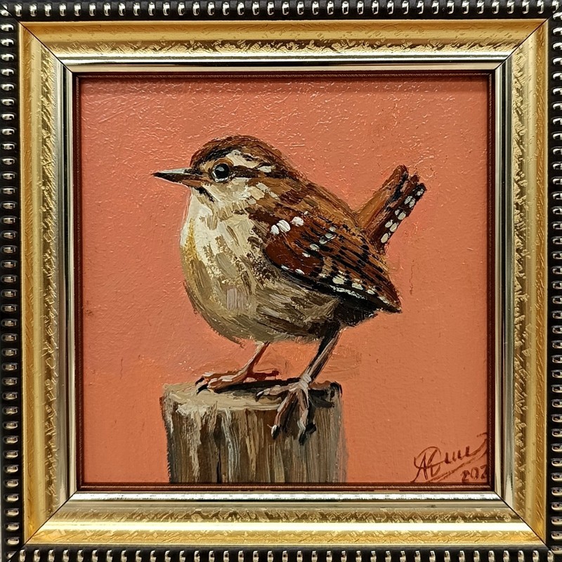 Wren Original Oil Painting 4×4 Framed Signed Cute Bird Wildlife Rustic Art
